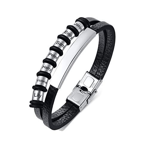 XUANPAI Personalisierte Engravur Herren Armband, Schwarzes Leder Armband mit 2-7 Namen, Personalisierte Geschenke für Männer (Silber 7 Namen) von XUANPAI