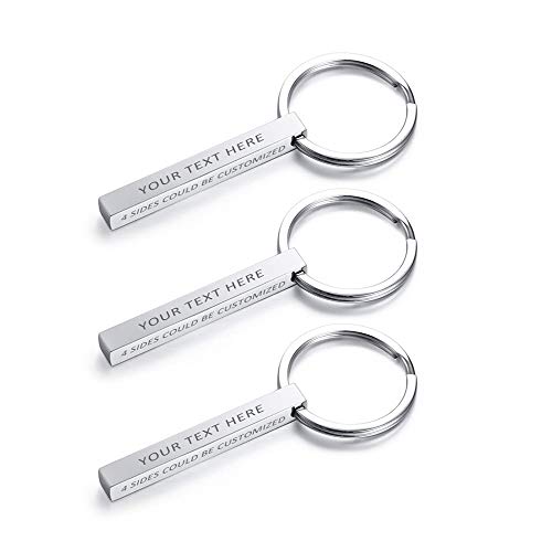 XUANPAI Personalisierte Maßgeschneiderte Vertikale Überzogene 4 Seitige Können Graviert Werden Edelstahl Minimalistischen Quader Bar Keychain Schlüsselanhänger Geschenk Unisex Silber 3 Stücke von XUANPAI