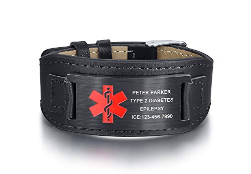 XUANPAI Personalisierte Kundenspezifische Medizinische Notfallnotruf aus Rostfreiem Stahl Schwarzes Echtes Leder Einstellbares Identifikationsarmband Armband für Männer Frauen von XUANPAI