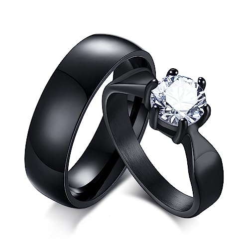 Personalisierte Paar Ringe mit Gravur - Edelstahl Cubic Zirkonia Hochzeitsring Promise Ring, Kundenspezifischer Name Ring Partnerringe Eheringe Freundschaftsringe für Damen Herren (C - Schwarz) von XUANPAI