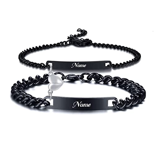 Personalisierte Partnerarmbänder Paar Armbänder: Personalisiertes Armband mit Gravur | Couple Armband | Familie Armbänder | Partnerarmband für Paare | Pärchen Armband (2 Stück Schwarz mit Herz Magnet) von XUANPAI