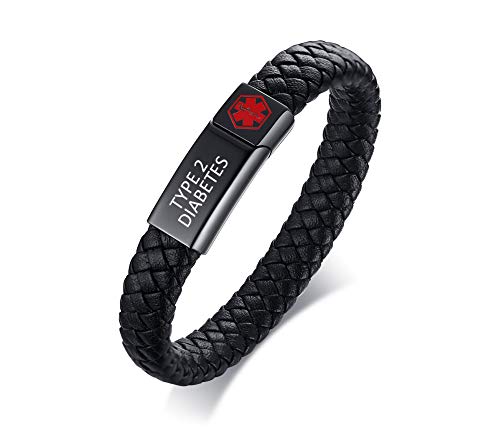 XUANPAI TYPE 1 DIABETES Pre-Engarved Medical Alert Notfall Schmuck-Schwarz Geflochtenes Leder Medical Symbol Caduceus mit Magnetverschluss Manschette Armband Armband, 8,2 " von XUANPAI