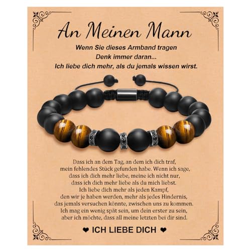 XUANPAI Tigerauge Armband für Männer, 10mm Naturstein Armband Yoga Perlen Achat Elastische Armbänder Herren Armbänder Set Geburtstagsgeschenk für Männer Papa-Sohn-Ehemann-Freund (Mann) von XUANPAI