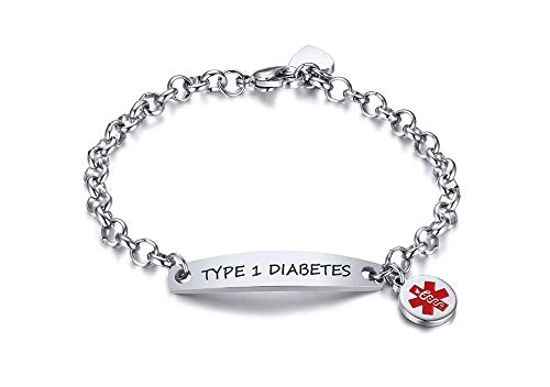 XUANPAI Type 1 Diabetes Vorgravierte Medizinische Alarmmanschette Armreif Notfall Link Verstellbares Armband Runder Namens-ID-Tag für Damen Mädchen von XUANPAI