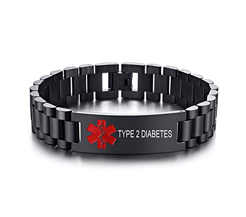 TYPE 2 DIABETES Medical Alert ID Armband-Angepasst 15,5 MM Schwarz Edelstahl Breites Armband Armband für Männer Junge, 8,3 " von XUANPAI