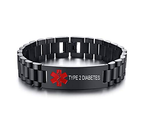 XUANPAI Type 2 Diabetes Medical Alert ID Armband-Angepasst 15,5 MM Schwarz Edelstahl Breites Armband Armband für Männer Junge, 8,3 " von XUANPAI