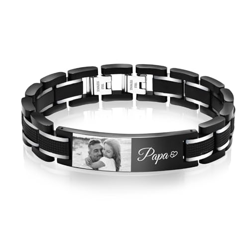 XUANPAI Vatertagsgeschenk für Papa Armband Herren mit Gravur - Fotogeschenke Personalisierte Geschenke Männer Edelstahl Herren Armband Jahrestag Geburtstagsgeschenk für Vater Ehemann (Silber) von XUANPAI