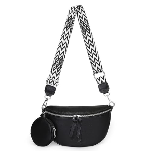 XUANXIE Bauchtasche Damen Stylisch Umhängetasche Damen Leder Schwarz Crossbody Bag Damen Breiter Gurt Brustbeutel Mit Münzgeldbörse für Reisen Einkaufen von XUANXIE