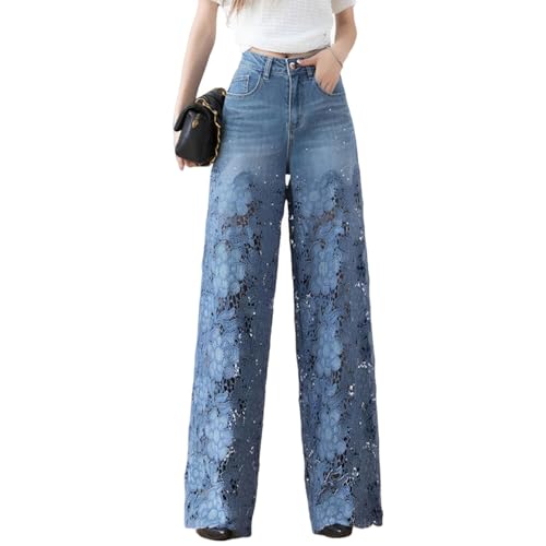 XUANXUANQZ Damen-Jeans Mit Weitem Bein Und Cut-Out-Spitzeneinsätzen, Blaue Jeanshose Mit Weitem Bein Und Lochmuster (Dunkelblau,XL) von XUANXUANQZ