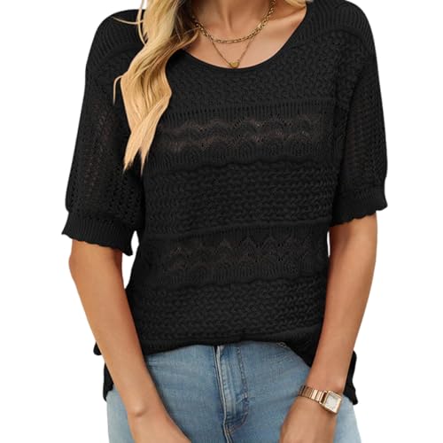 XUANXUANQZ Damen Rundhals-Pullover Mit Häkelmuster Und Kurzen Ärmeln, Lässiger Rundhals-Pullover Mit Häkelmuster Für Den Sommer, Lockerer Pullover Mit Pointelle-Strick (Schwarz,L) von XUANXUANQZ