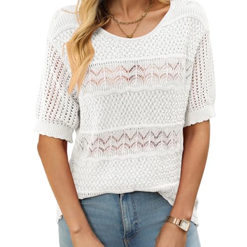 XUANXUANQZ Damen Rundhals-Pullover Mit Häkelmuster Und Kurzen Ärmeln, Lässiger Rundhals-Pullover Mit Häkelmuster Für Den Sommer, Lockerer Pullover Mit Pointelle-Strick (Weiß,XL) von XUANXUANQZ