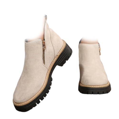 XUANXUANQZ Damen-Stiefeletten Mit Runder Spitze Und Seitlichem Reißverschluss, Bequemer, Flacher Absatz Und Runder Spitze, Stiefeletten Mit Fußgewölbeunterstützung (Beige,41) von XUANXUANQZ