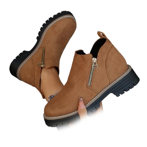 XUANXUANQZ Damen-Stiefeletten Mit Runder Spitze Und Seitlichem Reißverschluss, Bequemer, Flacher Absatz Und Runder Spitze, Stiefeletten Mit Fußgewölbeunterstützung (Braun,43) von XUANXUANQZ