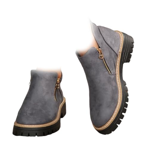 XUANXUANQZ Damen-Stiefeletten Mit Runder Spitze Und Seitlichem Reißverschluss, Bequemer, Flacher Absatz Und Runder Spitze, Stiefeletten Mit Fußgewölbeunterstützung (Grau,40) von XUANXUANQZ