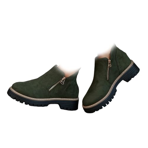 XUANXUANQZ Damen-Stiefeletten Mit Runder Spitze Und Seitlichem Reißverschluss, Bequemer, Flacher Absatz Und Runder Spitze, Stiefeletten Mit Fußgewölbeunterstützung (Grün,37) von XUANXUANQZ