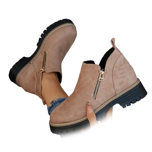 XUANXUANQZ Damen-Stiefeletten Mit Runder Spitze Und Seitlichem Reißverschluss, Bequemer, Flacher Absatz Und Runder Spitze, Stiefeletten Mit Fußgewölbeunterstützung (Pink,40) von XUANXUANQZ
