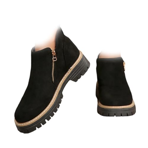 XUANXUANQZ Damen-Stiefeletten Mit Runder Spitze Und Seitlichem Reißverschluss, Bequemer, Flacher Absatz Und Runder Spitze, Stiefeletten Mit Fußgewölbeunterstützung (Schwarz,38) von XUANXUANQZ