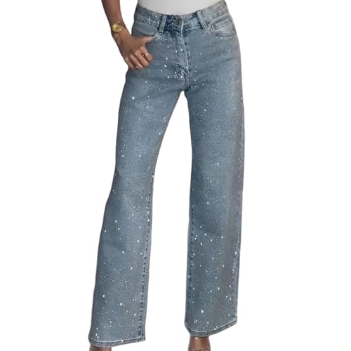 XUANXUANQZ Gerade Jeans Mit Strass-Details, Damen-Jeans Mit Strass-Verzierung, Hoch Taillierte, Dehnbare Jeans Mit Strass-Verzierung (Blau,4XL) von XUANXUANQZ