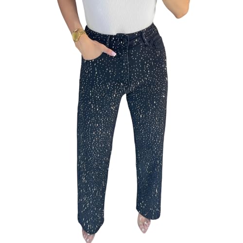 XUANXUANQZ Gerade Jeans Mit Strass-Details, Damen-Jeans Mit Strass-Verzierung, Hoch Taillierte, Dehnbare Jeans Mit Strass-Verzierung (Schwarz,XXL) von XUANXUANQZ