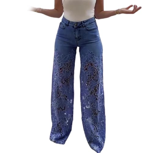XUANXUANQZ Jeans Mit Spitzenspleiß, Zerrissene Sommerjeans Mit Hoher Taille Und Lochmuster Für Damen, Jeanshose Mit Weitem Bein Und Mittelhohem Bund Und Knopfleiste (Dunkelblau,M) von XUANXUANQZ