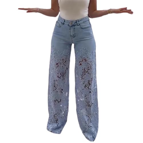 XUANXUANQZ Jeans Mit Spitzenspleiß, Zerrissene Sommerjeans Mit Hoher Taille Und Lochmuster Für Damen, Jeanshose Mit Weitem Bein Und Mittelhohem Bund Und Knopfleiste (Hellblau,L) von XUANXUANQZ