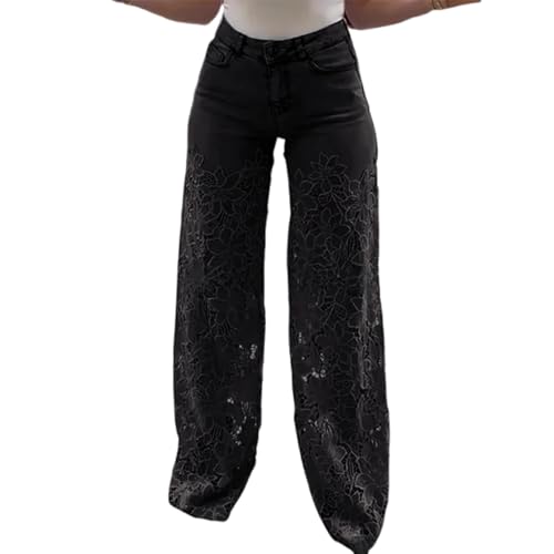 XUANXUANQZ Jeans Mit Spitzenspleiß, Zerrissene Sommerjeans Mit Hoher Taille Und Lochmuster Für Damen, Jeanshose Mit Weitem Bein Und Mittelhohem Bund Und Knopfleiste (Schwarz,XL) von XUANXUANQZ