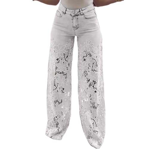 XUANXUANQZ Jeans Mit Spitzenspleiß, Zerrissene Sommerjeans Mit Hoher Taille Und Lochmuster Für Damen, Jeanshose Mit Weitem Bein Und Mittelhohem Bund Und Knopfleiste (Weiß,XL) von XUANXUANQZ