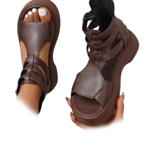 XUANXUANQZ Orthopädische Damensandalen Mit Plateau Und Keilabsatz Aus Weichem Leder, Riemchensandalen Mit Fußgewölbeunterstützung Und Flachem Keilabsatz (Braun,38) von XUANXUANQZ