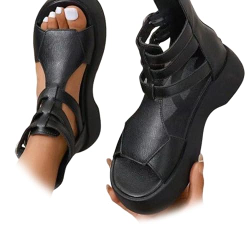 XUANXUANQZ Orthopädische Damensandalen Mit Plateau Und Keilabsatz Aus Weichem Leder, Riemchensandalen Mit Fußgewölbeunterstützung Und Flachem Keilabsatz (Schwarz,42) von XUANXUANQZ