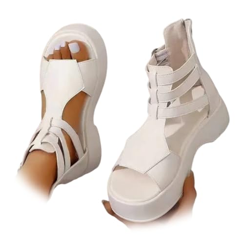 XUANXUANQZ Orthopädische Damensandalen Mit Plateau Und Keilabsatz Aus Weichem Leder, Riemchensandalen Mit Fußgewölbeunterstützung Und Flachem Keilabsatz (Weiß,37) von XUANXUANQZ