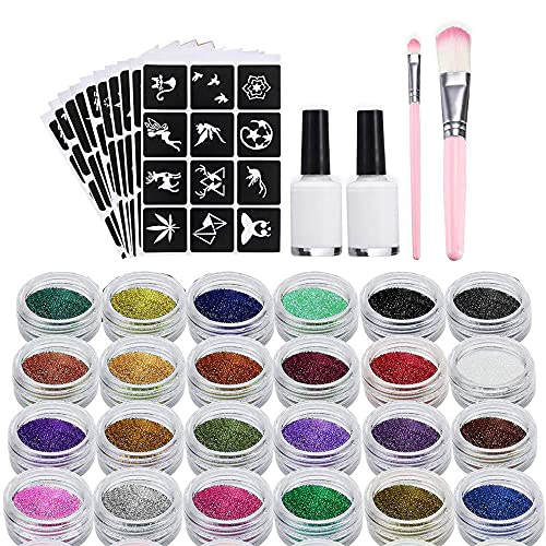 XUBX Glitter Tattoos Kit, 24 Colors Temporary Tattoo Set, Tattoo Stencils Glitter Tattoos Template Set with 120 Stencils &2 Brushes & 2 Glue, Body Make Up Nail Glitter Art Paint for Girls Adult Party von XUBX