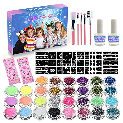 XUBX Glitzer Tattoo Set, 30 Farben wasserdichte Tämporäre Tattoos mit 120 Schablonen, 5 Pinsel, 2 Kleber, Temporäre Glitzer Tattoo-Kit, Glitzertuben Körper Glitzer Make Up Kit für Kinder, Erwachsenen von XUBX