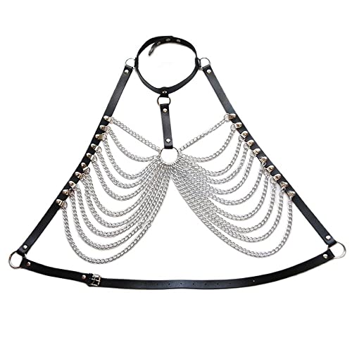 XUBX Punk Leder Brustkette, Metall verstellbar Bauchschmuck Zubehör für Frauen und Mädchen, Sexy Leder Harness Body Chain, Clubwear Körper Zubehör für Frauen und Mädchen von XUBX