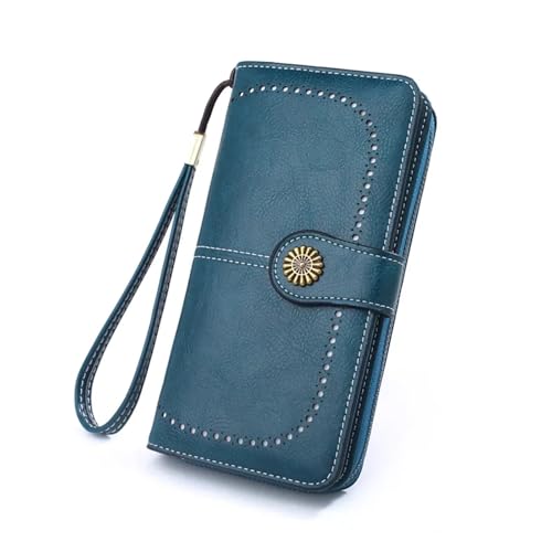 XUCZHAI Ausgehöhlte Münzbörse for Damen, Handytasche aus fettigem Leder, Handtasche mit langem Reißverschluss, Münztasche, dreifach gefaltete Damenbrieftasche(Blue) von XUCZHAI