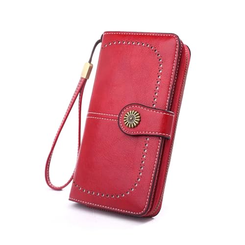 XUCZHAI Ausgehöhlte Münzbörse for Damen, Handytasche aus fettigem Leder, Handtasche mit langem Reißverschluss, Münztasche, dreifach gefaltete Damenbrieftasche(Red) von XUCZHAI