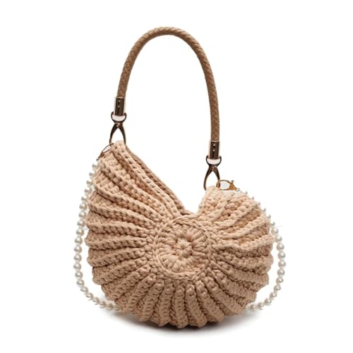 XUCZHAI Handgewebte Muscheltasche, einzigartige Strick-Schulterhandtasche, Sommer-Strand-Accessoire, schicke Urlaubs-Schultertaschen mit Perlenkette(Khaki) von XUCZHAI