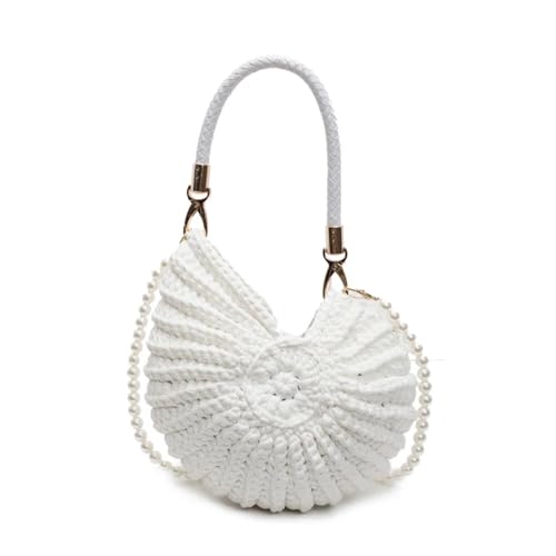 XUCZHAI Handgewebte Muscheltasche, einzigartige Strick-Schulterhandtasche, Sommer-Strand-Accessoire, schicke Urlaubs-Schultertaschen mit Perlenkette(White) von XUCZHAI