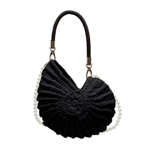 XUCZHAI Handgewebte Muscheltasche for Damen, Muschelschale, Umhängetasche, exquisite Perlenkette, modische Urlaubs-Einkaufstasche(Black) von XUCZHAI