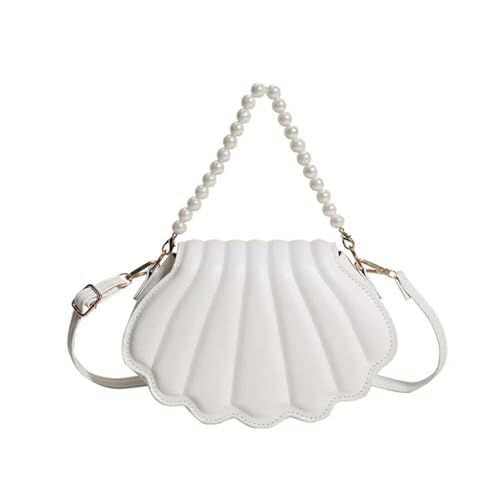 XUCZHAI PU Leder Damen Kleine Umhängetasche Schultertasche Muschelperlen Handtaschen Einfarbig Lady Messenger Bag Trendy Handy Clutch(D White) von XUCZHAI