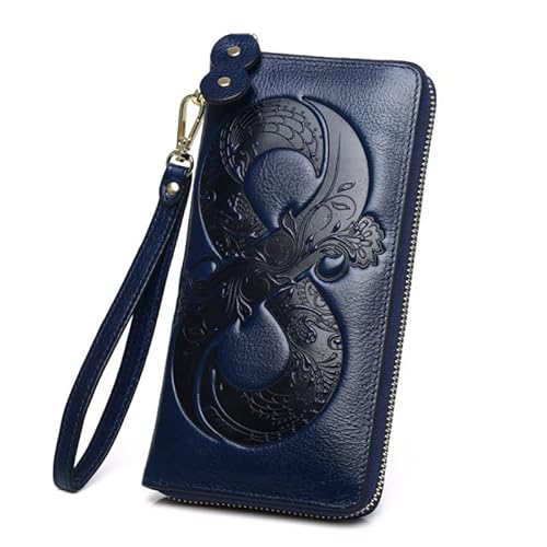 XUCZHAI Vintage Echtleder Damen Geldbörse Floral Echt Kuh Leder Erste Schicht Rindsleder Clutch(Blue Wallet) von XUCZHAI