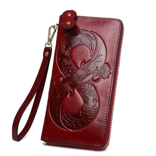 XUCZHAI Vintage Echtleder Damen Geldbörse Floral Echt Kuh Leder Erste Schicht Rindsleder Clutch(Wine red Wallet) von XUCZHAI