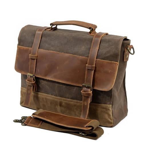 XUCZHAI Wasserdichte Ölwachs-Leinwand mit Leder-Aktentasche, Retro-Business-Herrentasche, Umhängetasche, tragbare Patchwork-Tasche(Coffee) von XUCZHAI