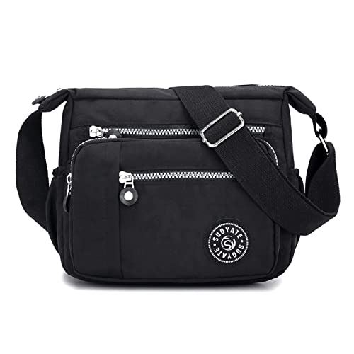 XUDREZ Mittelgroß Wasserdicht Nylon Damen Crossbody Bag Mit Vielen Fächern Leichte Schultertasche Verstellbarer Breitem Freizeit Kleine Messenger Bag Für Männer Sportlich Einkaufen Reisen Schwarz von XUDREZ