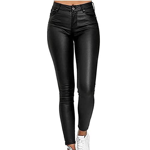 XUEBIN Damen Lederimitat Kunstleder Hose Damen Tasten Lederhose Mit Tasche PU Stretch Damen Leder Hose Imitat Damen Kunstlederhose Bleistifthose Lederhose lederhose (Color : Black, Size : 3XL) von XUEBIN