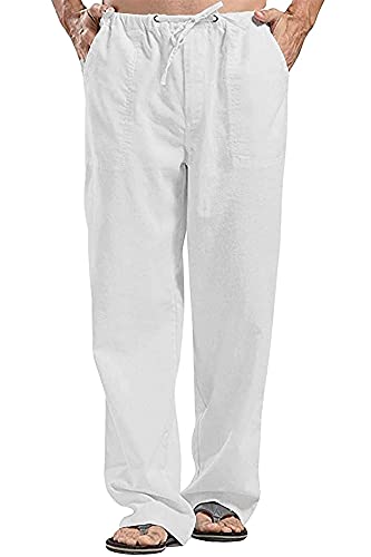 XUEBIN Herren Baumwoll-Leinen-Hosen Leinenmischung Kordelzughose Freizeit-Sommerhosen Herrenhosen (Color : White, Size : L) von XUEBIN