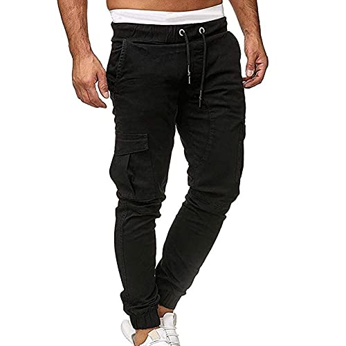 XUEBIN Herren Cargo Hose Mit Taschen Einfärbig Relaxed Gummiband Kordelzug Slim Fit Lange Jogger Frachthose Herrenhosen (Color : Black, Size : M) von XUEBIN