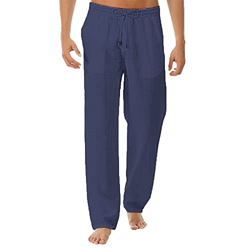 XUEBIN Herren Casual Leinenhose Leichte Baumwolle Sommerhose Elastische Taille Kordelzug Lounging Pants Herrenhosen (Color : Dark blue, Size : L) von XUEBIN