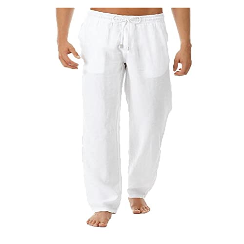 XUEBIN Herren Casual Leinenhose Leichte Baumwolle Sommerhose Elastische Taille Kordelzug Lounging Pants Herrenhosen (Color : White, Size : L) von XUEBIN