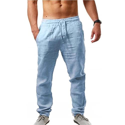 XUEBIN Herren Slim Casual Leinenhose Elastischer Kordelzug Taille Strand Yogahose Taschen Herrenhosen (Color : Light blue, Size : S) von XUEBIN