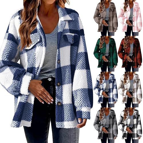 Karierte Jacke Damen Winter Flanell-Jacke Gefüttert Winterjacke Langarm Hemdjacke Kariert-Hemdbluse Oversize Karohemd Plüschjacke Teddy-Fleece Mantel Fleecejacke Übergangsjacke Holzfällerhemd von XUEJIANN